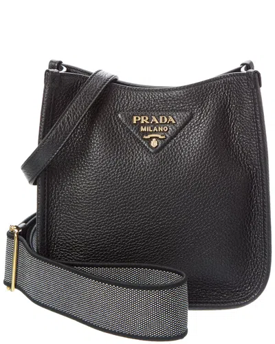 Prada Logo Leather Shoulder Bag In Black