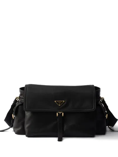 Prada Logo Leather Shoulder Bag In Black