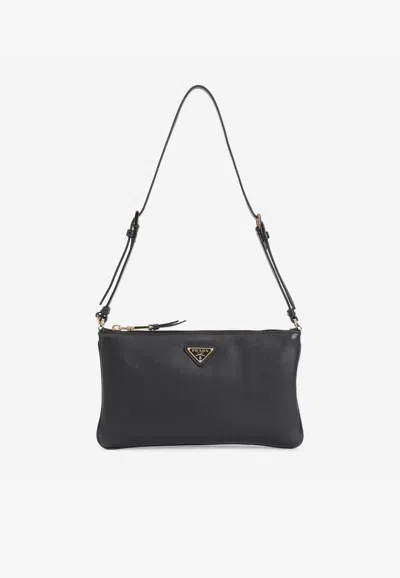 Prada Logo Leather Shoulder Bag In Black