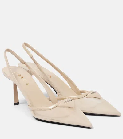 Prada Slingback-pumps Aus Mesh Mit Leder In Beige