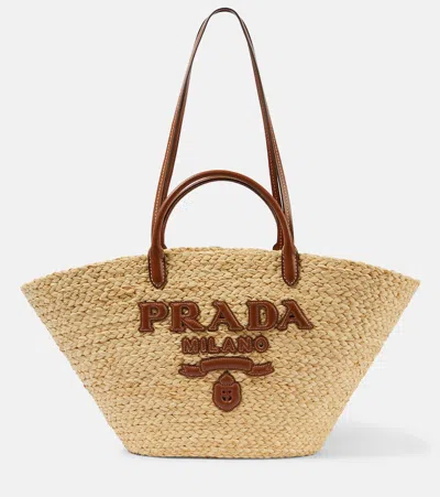 Prada Logo Leather-trimmed Raffia Basket Bag In Beige