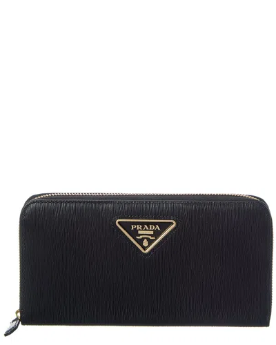 Prada Logo Leather Zip Around Wallet In Black
