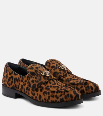 Prada Logo Leopard-print Calf Hair Loafers In Brown