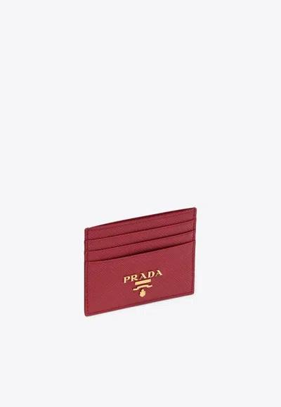 Prada Logo Lettering Saffiano Leather Cardholder In Red