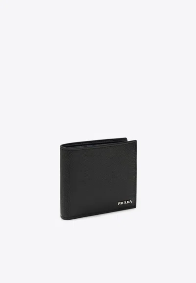 Prada Logo Lettering Saffiano Leather Wallet In Black