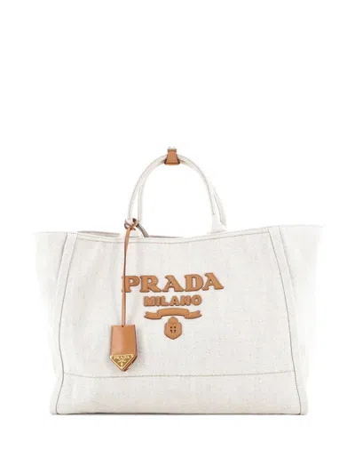 Pre-owned Prada Logo Linen Blend Large Tote Bag In Neutral