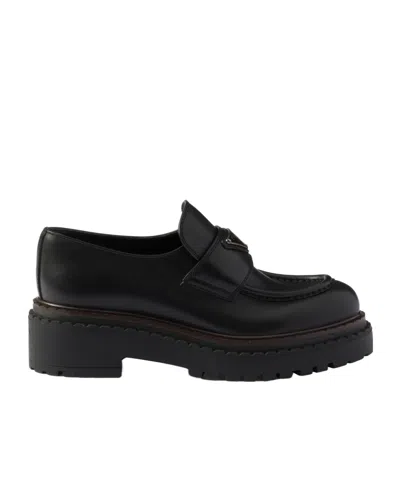 Prada Chocolate Black Brushed Leather Moccasin Women