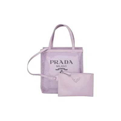 Pre-owned Prada Logo Mesh Tote Bag All Over Sequins With Leather Pouch 'purple'