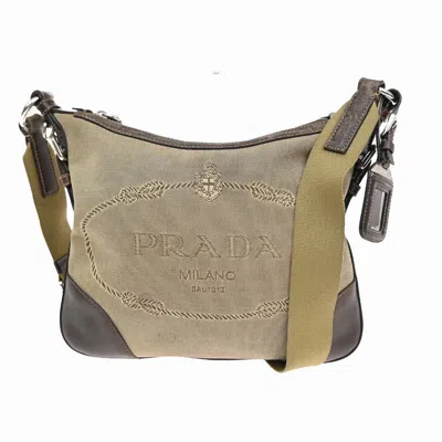 Pre-owned Prada Logo Messenger Bag Canvas And Leather Canvas Shoulder Bag Bag () In Sand