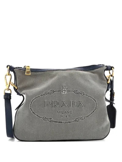 Pre-owned Prada Logo Messenger Bag Canvas With Leather Small Crossbody Bag In Blue