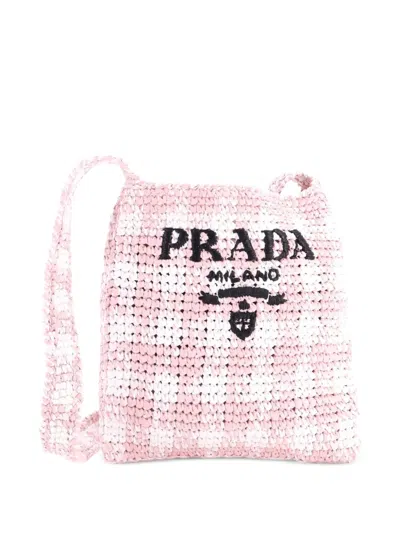 Pre-owned Prada Logo Messenger Bag Printed Raffia Small Crossbody Bag In Pink