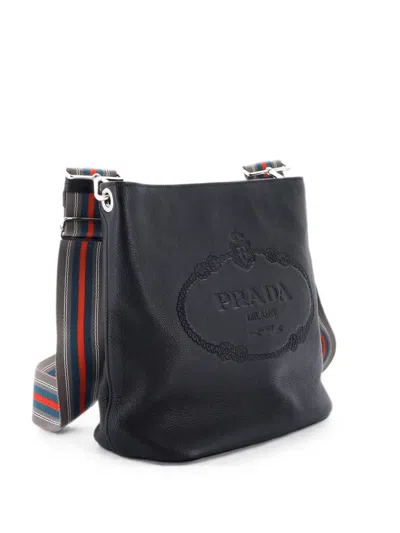Pre-owned Prada Logo Messenger Bag Vitello Phenix Medium Bucket Bag In Black