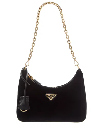 Prada Logo Mini Velvet & Leather Shoulder Bag In Black