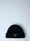 Prada Ribbed Knit Logo-plaque Beanie In Black