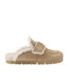 Prada Triangle-logo Shearling Mules In Brown