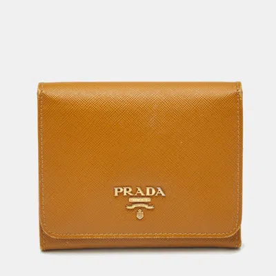 Pre-owned Prada Logo Mustard Saffiano Metal Leather Trifold Wallet In Yellow