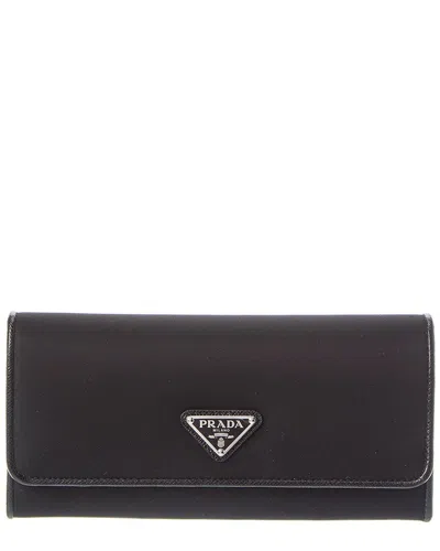 Prada Logo Nylon & Leather Continental Wallet In Black