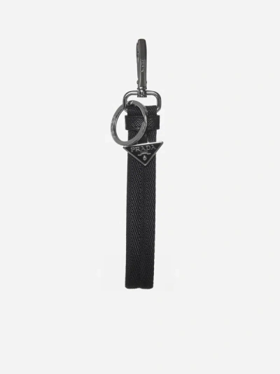 Prada Logo Nylon Keychain In Black