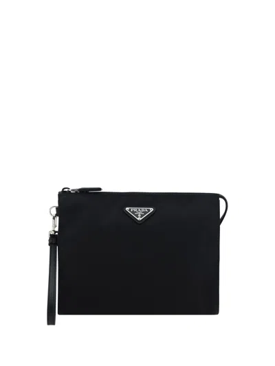 Prada Logo Nylon Pouch Pouch In Black