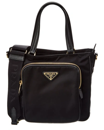 Prada Logo Nylon Tote In Black