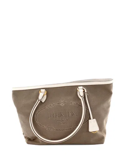Pre-owned Prada Logo Open Canvas Medium Tote Bag In Brown