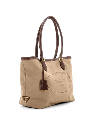 Pre-owned Prada Logo Open Canvas Medium Tote Bag In Brown