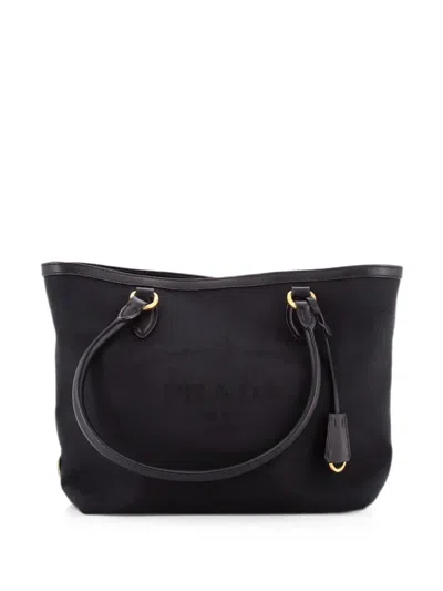 Pre-owned Prada Logo Open Canvas Small Tote Bag In Black