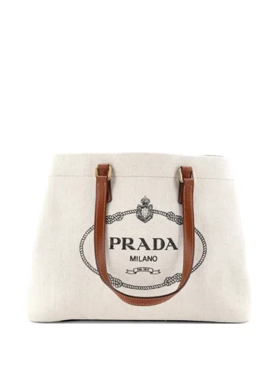 Pre-owned Prada Logo Open Canvas With Leather Large Tote Bag In Brown