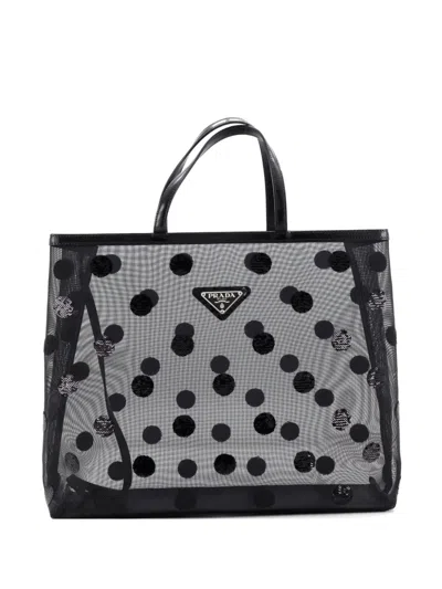 Pre-owned Prada Logo Open Polka Dot Sequined Mesh Large Tote Bag In Black