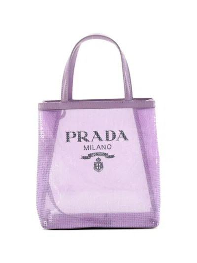 Pre-owned Prada Logo Open Sequined Mesh Small Tote Bag In Purple