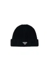 Prada Wool Beanie Hat Folded Brim Ribbed Design In Black