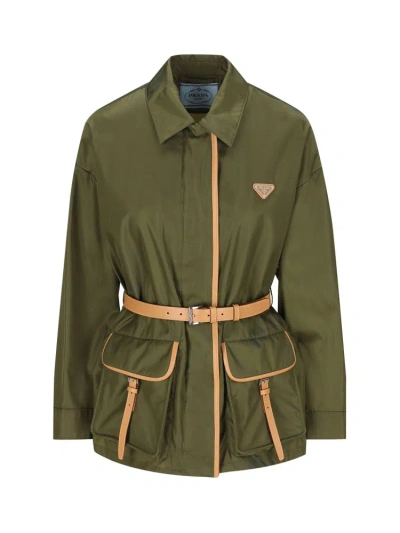 Prada Logo Patch Belted In Green