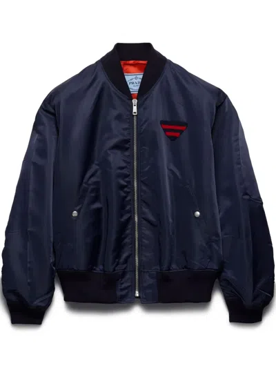 Prada Logo Patch Bomber Jacket In Blue