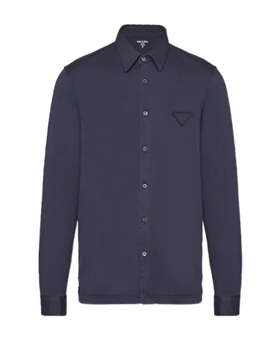 Prada Logo-patch Cotton Shirt In Blue