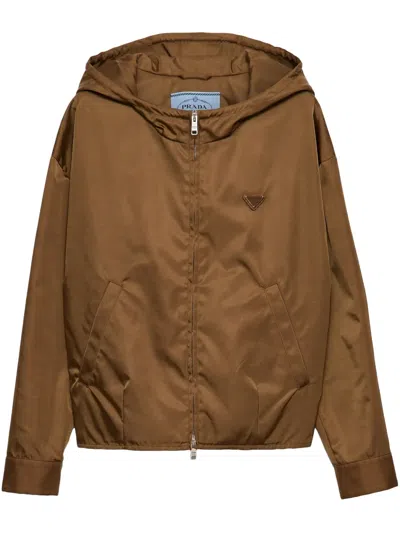 Prada Logo Patch Hooded Jacket In Brown