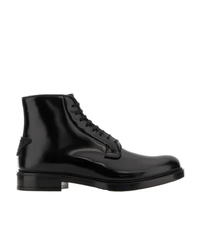 Prada Logo Patch Lace-up Ankle Boots In Black