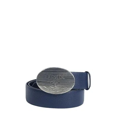 Prada Logo Patch Metal Buckle Belt In Blue