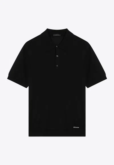 Prada Short Sleeve Polo Collar Ribbed Cuffs Sweater In Blue