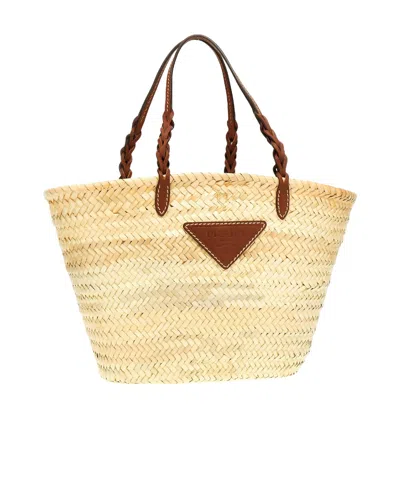 Prada Woven Fabric And Leather Tote Bag In Nude