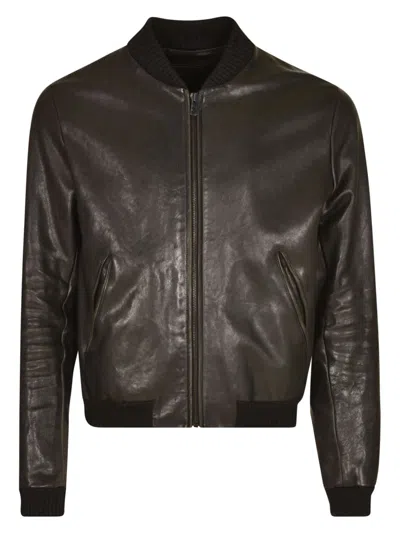Prada Logo Patch Rib Trim Zipped Leather Jacket In Black