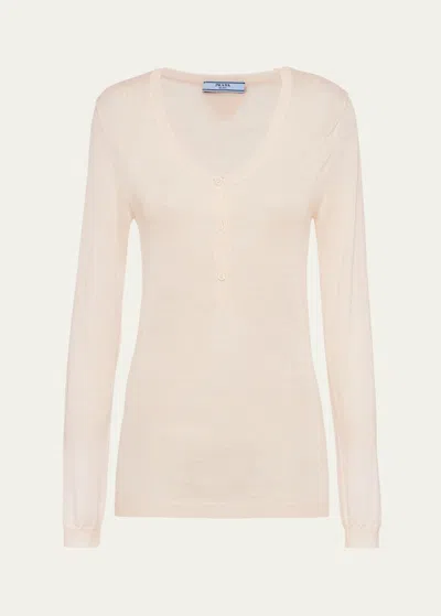 Prada Logo Patch Superfine Cashmere Shirt In F0018 Naturale