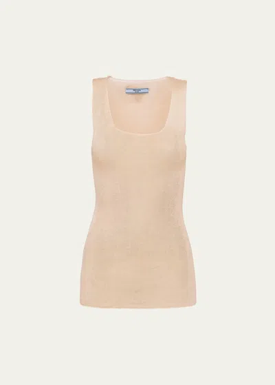 Prada Logo Patch Superfine Knit Tank Top In Beige Khaki