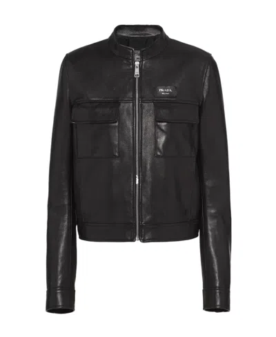 Prada Logo-patch Zip-up Leather Jacket In Black