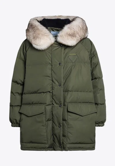 Prada Logo-patched Down Jacket In Green