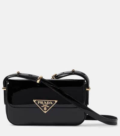 Prada Logo Patent Leather Shoulder Bag In Black