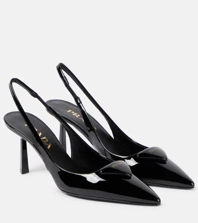 Prada Logo Patent Leather Slingback Pumps In Black