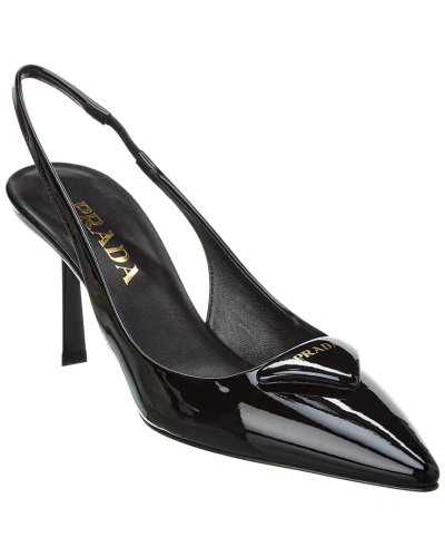 Prada Logo Patent Pointy-toe Slingback Pump In Black