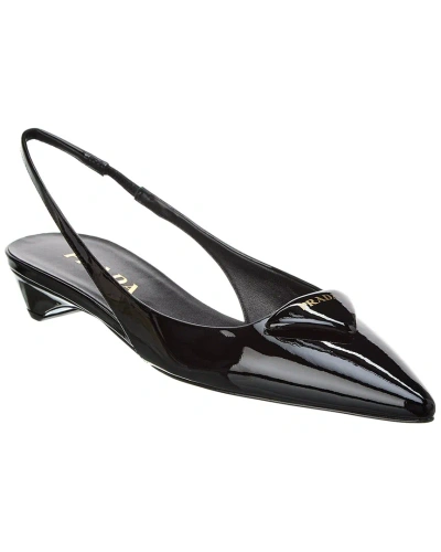 Prada Logo Patent Pointy-toe Slingback Pump In Black