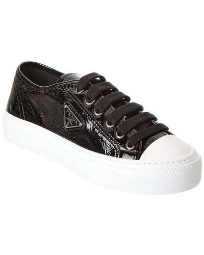 Prada Logo Patent Sneaker In Black