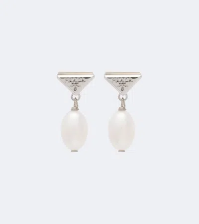 Prada Logo Pearl Earrings In Silver